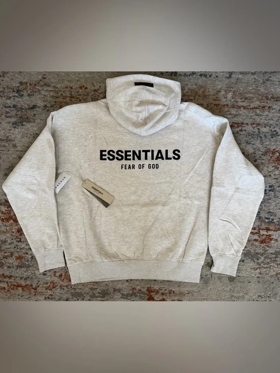 Essentials Men's Heather Oatmeal Hoodie with Minimal Logo - Picture 4 of 5